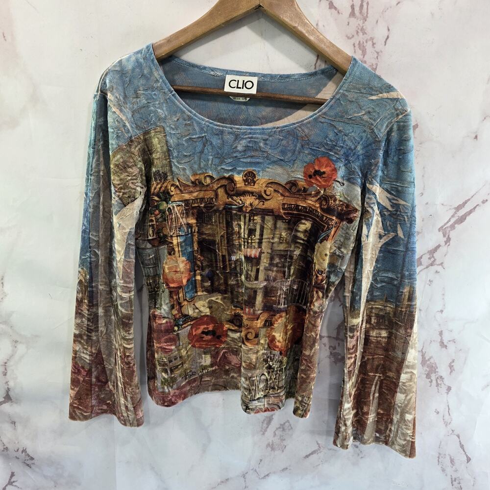Vintage Y2K Shirt Womens Small Blue Brown Velvet Stretch European Italy Villa
